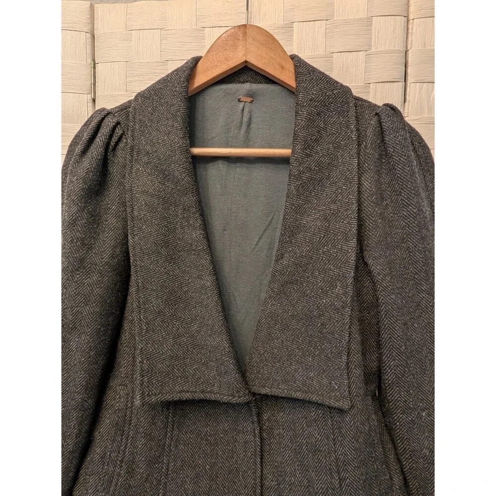 Free People Charcoal Herringbone Wool Blend Puff‎ Shoulder Blazer Jacket Gray